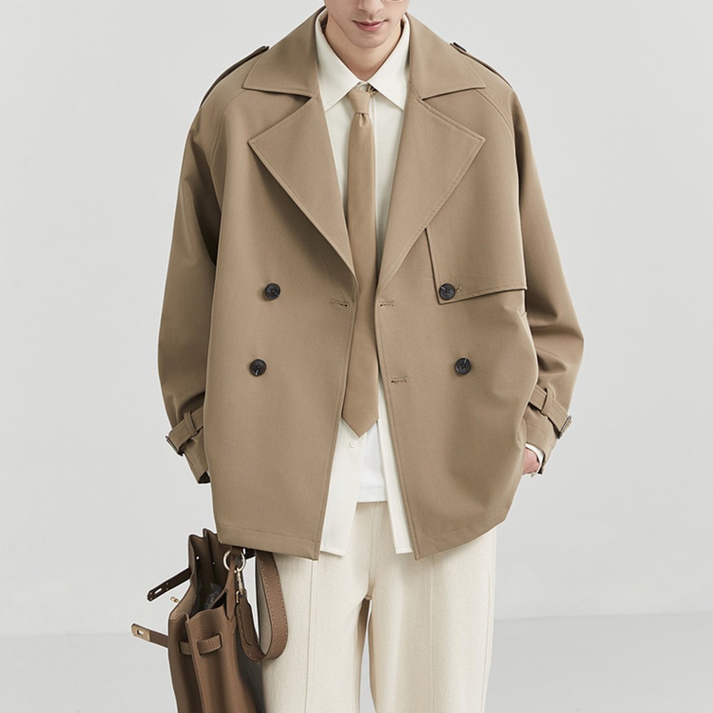 Short Men Windbreaker Double Breasted Trench Coat Lapel Style Casual Outerwear - Picture 45 of 47