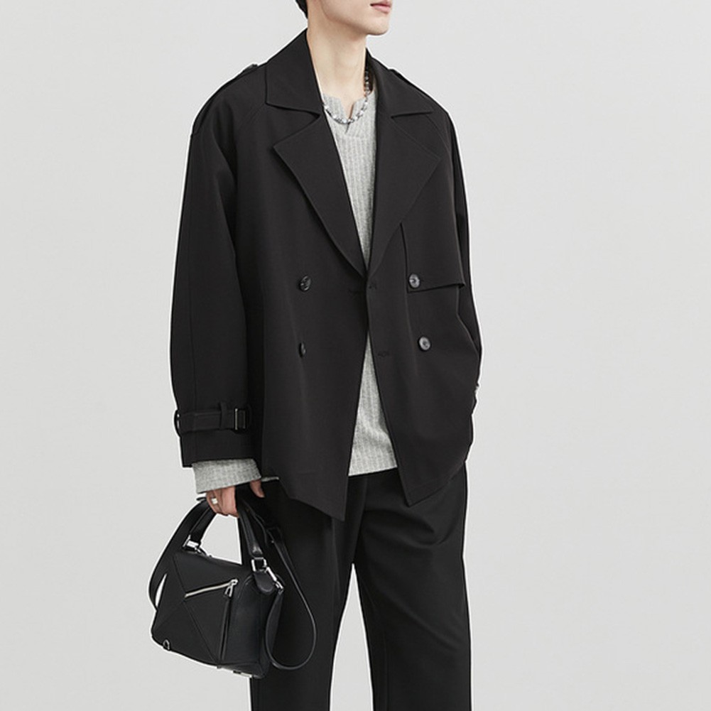 Short Men Windbreaker Double Breasted Trench Coat Lapel Style Casual Outerwear - Picture 34 of 47