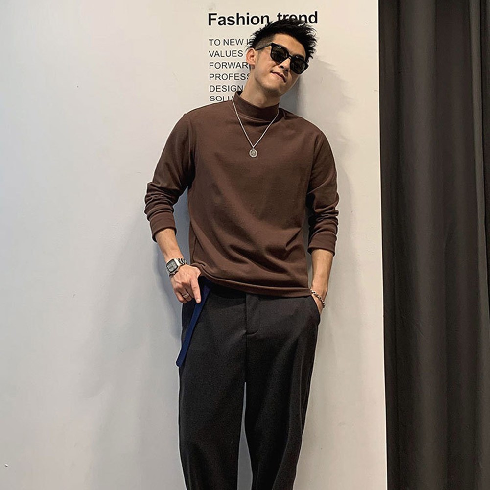 Mens Commuting Double Sided Velvet Tshirts Half High Neck Long Sleeve Base Tops - Picture 19 of 39