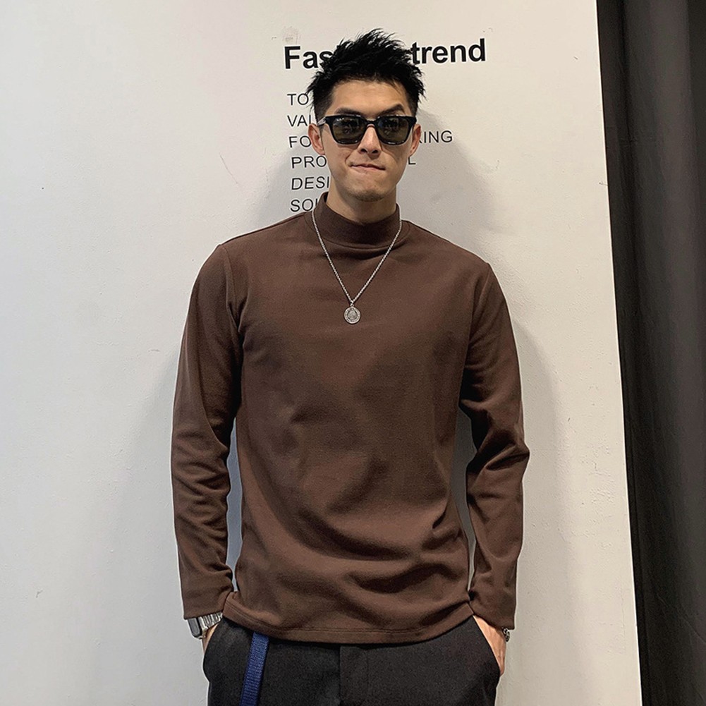 Mens Commuting Double Sided Velvet Tshirts Half High Neck Long Sleeve Base Tops - Picture 20 of 39
