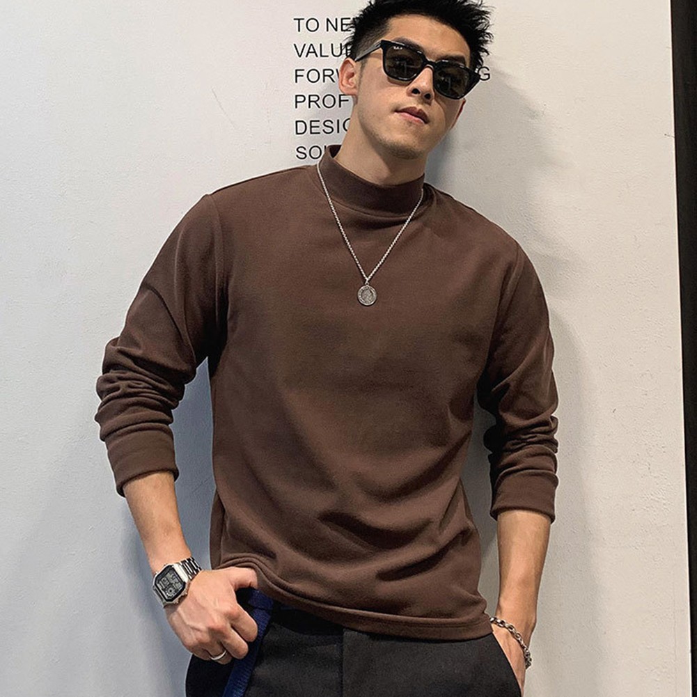 Mens Commuting Double Sided Velvet Tshirts Half High Neck Long Sleeve Base Tops - Picture 16 of 39