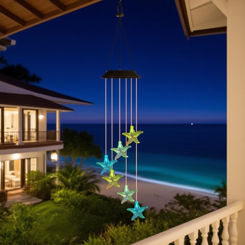 Outdoor Solar Starfish Wind Chimes with Vibrant Color Lights and Hanging Hook