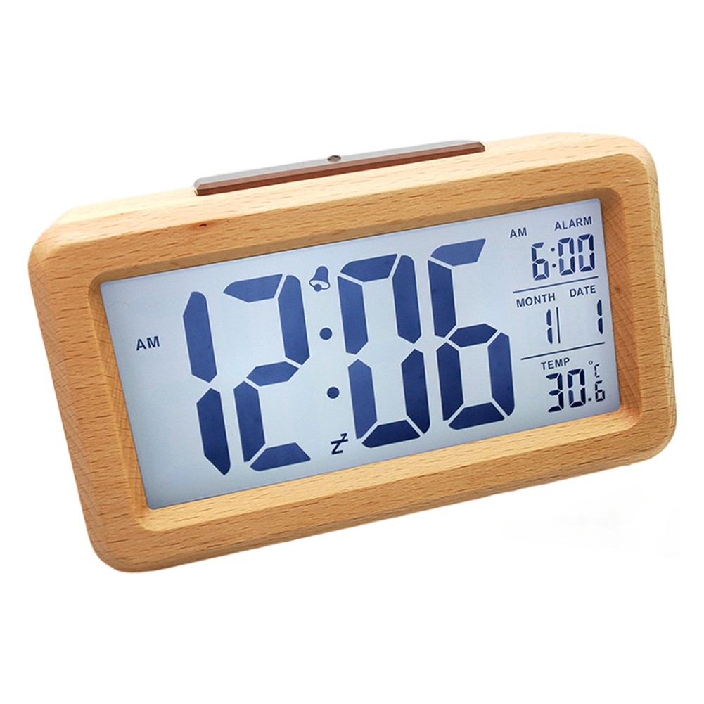 Wooden Digital Alarm Clock with Temperature and Snooze Function for Desk