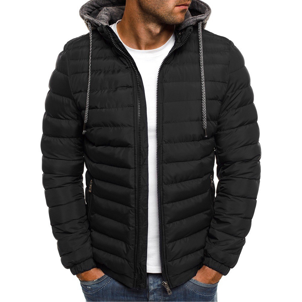 Herren Hoodie wattierte Jacke abnehmbare Mütze warm dick Sport einfarbig Mantel - Bild 10 von 16