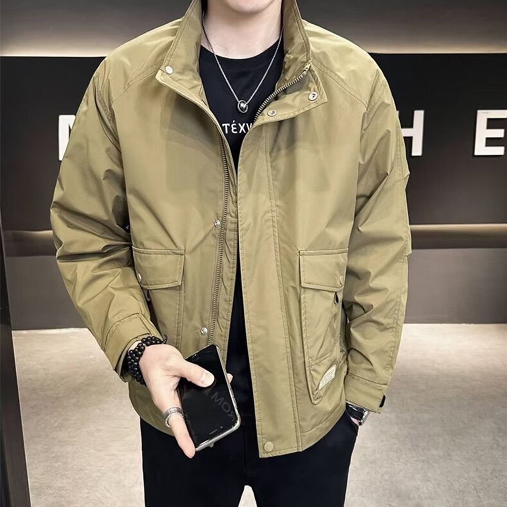 Mens Solid Color Casual Jacket Stand Collar Outerwear with Pockets Daily Style - Picture 10 of 16