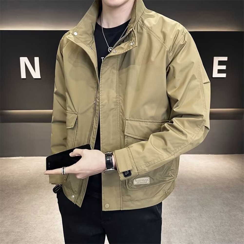 Mens Solid Color Casual Jacket Stand Collar Outerwear with Pockets Daily Style - Picture 12 of 16