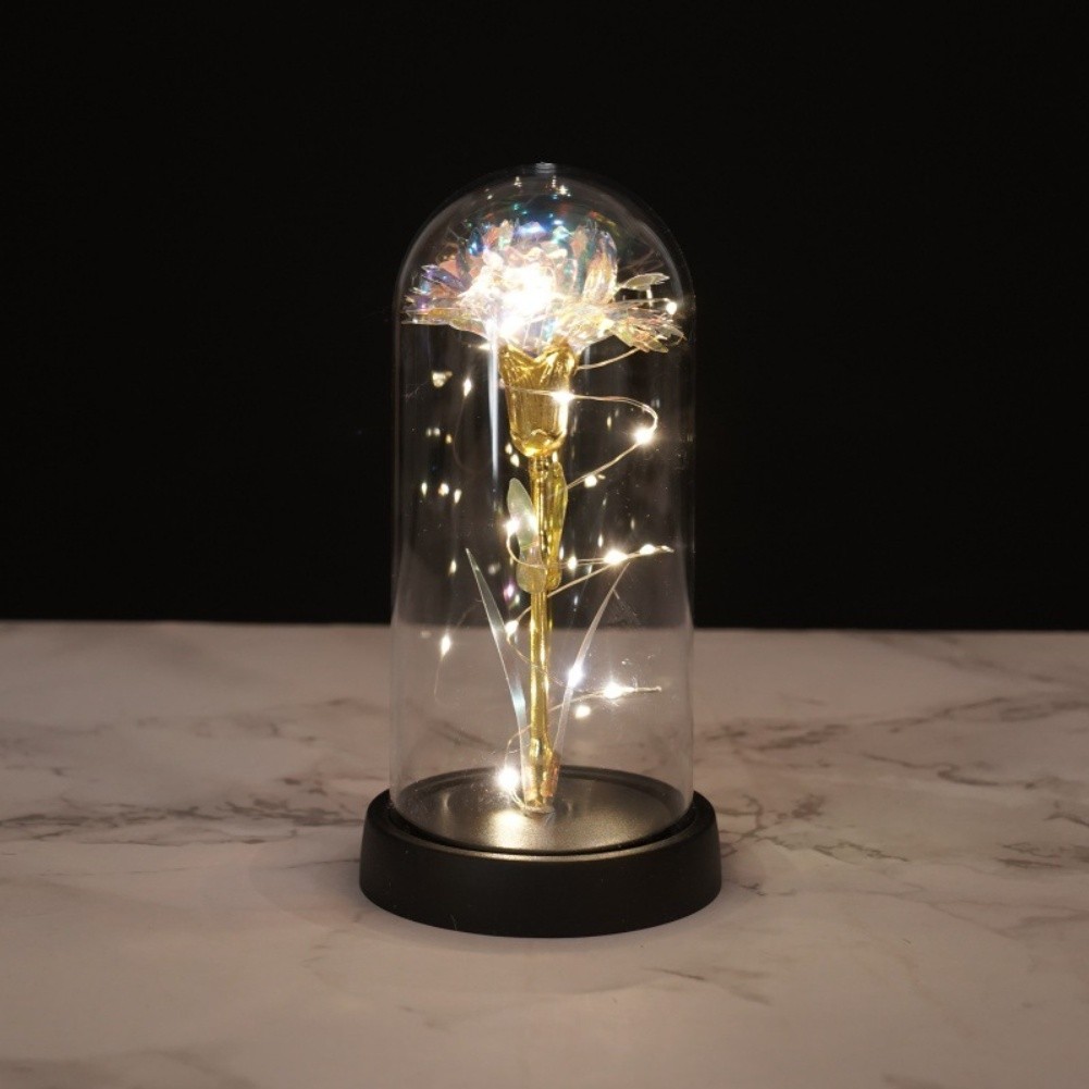 Silk Red Rose with LED Light and Clear Dome on Wooden Base for Anniversary