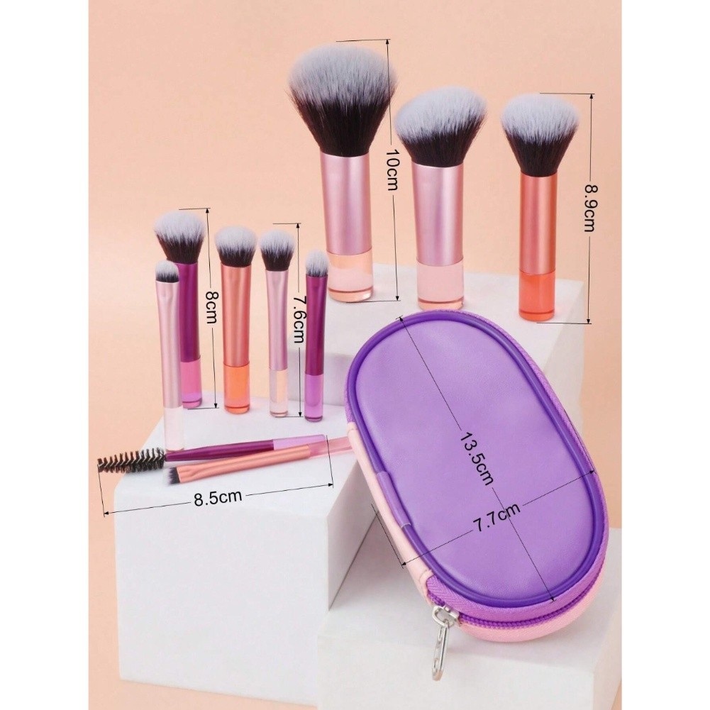 10pcs Multicolor Short Handle Makeup Brush Set with Travel Storage Bag