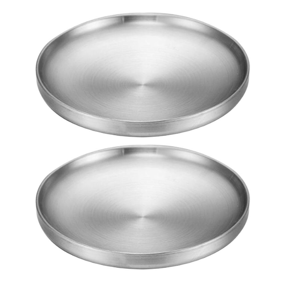 2Pcs Round Stainless Steel Barbecue Plates Heat Resistant Food Serving Plates