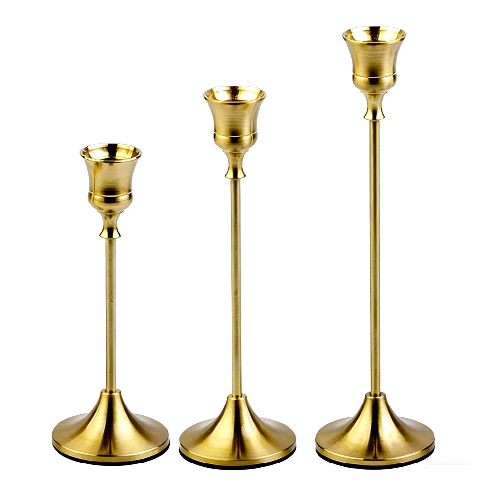 Set of Three Brass Candlesticks with Conical Shape for Home and Events