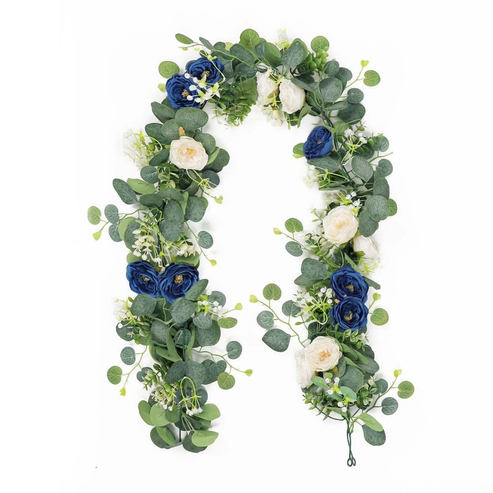 6FT Artificial Eucalyptus Flower Garland with Blue and White Roses for Parties