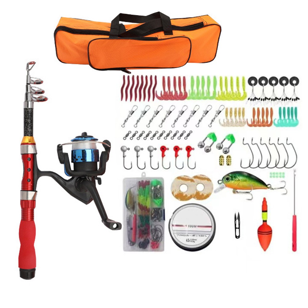 Portable Red Fishing Rod Set 1 to 2 Short Sea Pole with Hook Lures and Bag