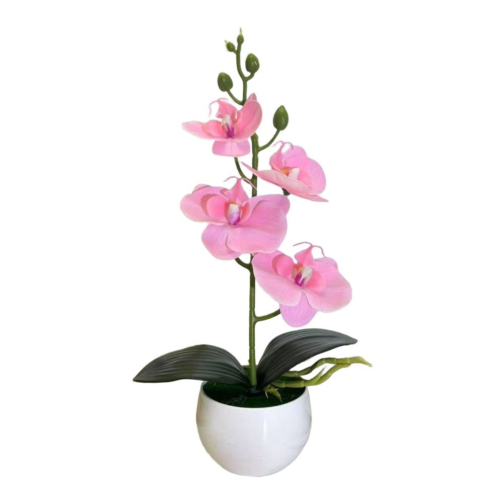 Butterfly Orchid Faux Silk Four Flower Arrangement in Round Belly Pot for Decor