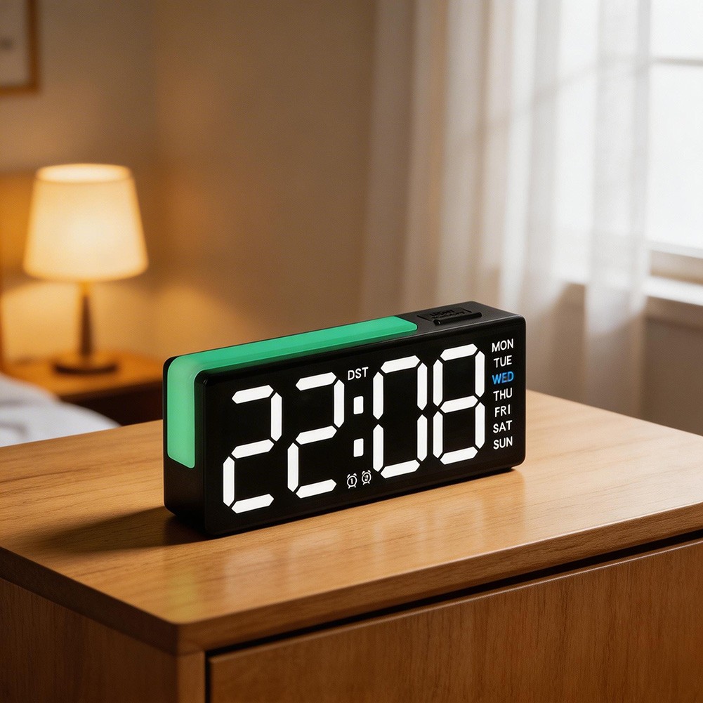 LED Clock with Time Date Day Temp Display and Auto Light Sensor for Any Room