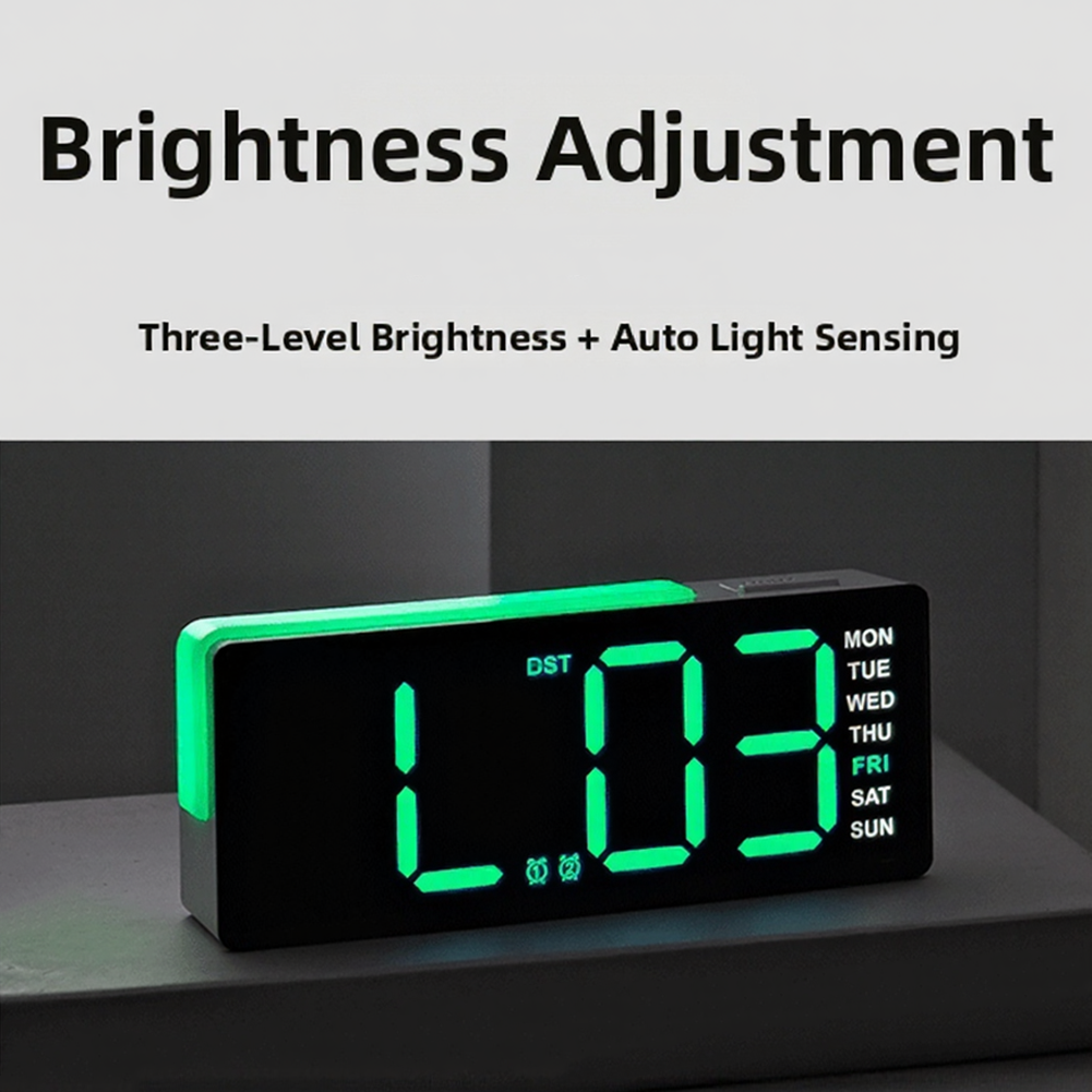LED Clock with Time Date Day Temp Display and Auto Light Sensor for Any Room