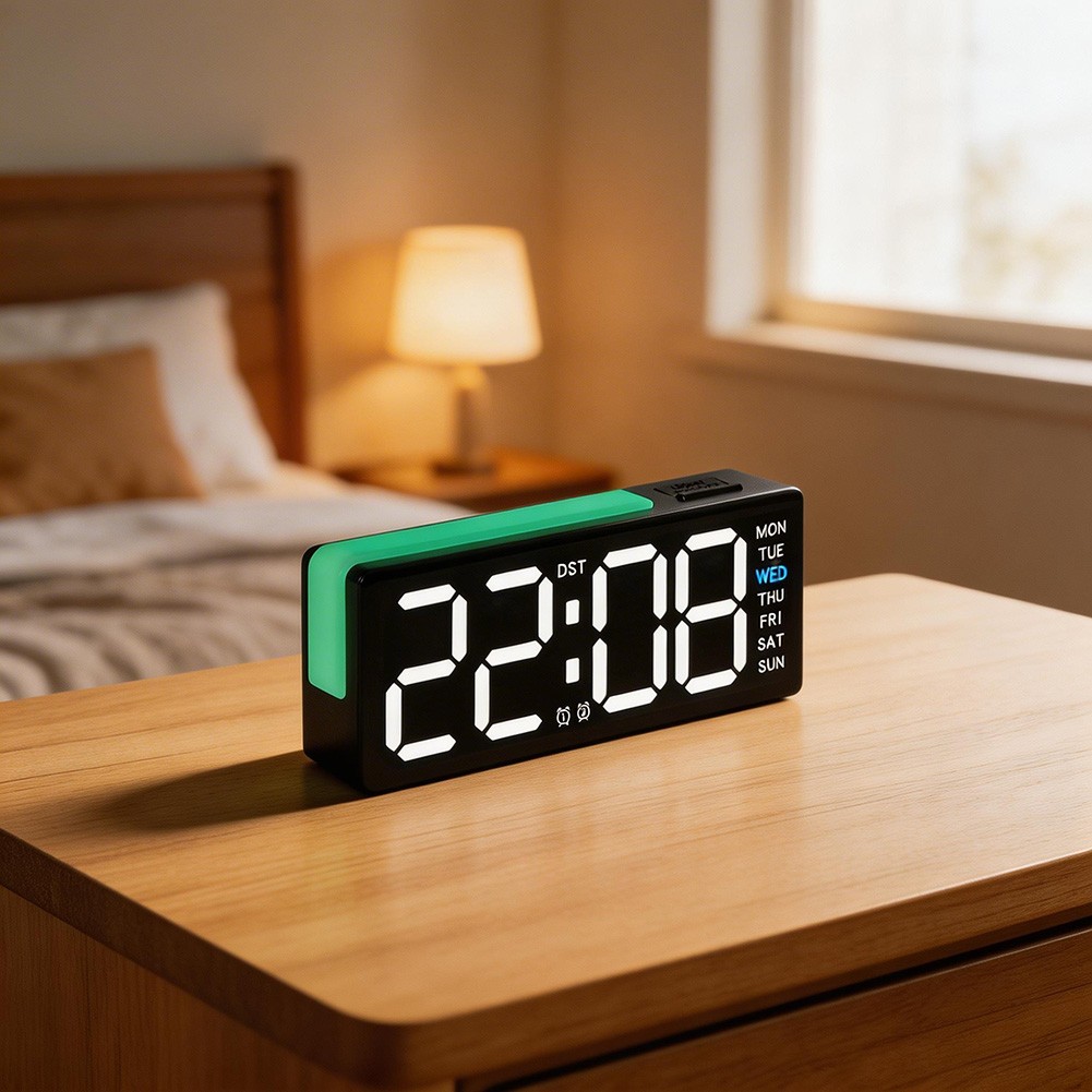 LED Clock with Time Date Day Temp Display and Auto Light Sensor for Any Room