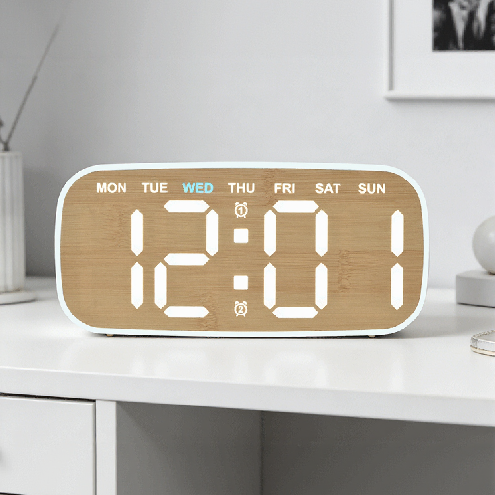LED Alarm Clock with Wooden Grain Pattern and Multi-Position Mounting Options