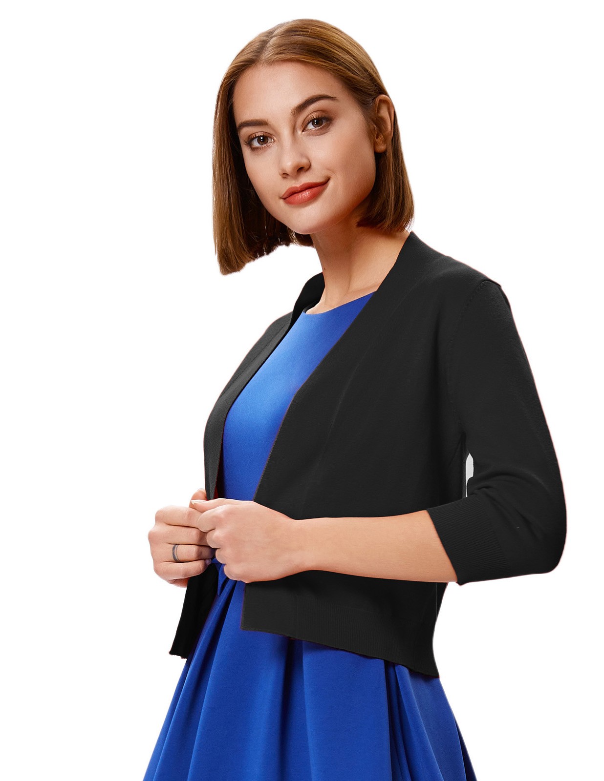 GK Womens 34 Sleeve Front Open Cropped Knitting Coat Top for Casual Wear - Picture 22 of 84