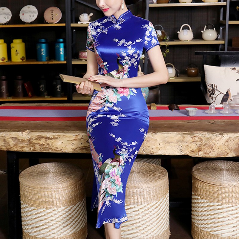 2019 robe neuve Qipao soirée florale soirée manches courtes soie satin