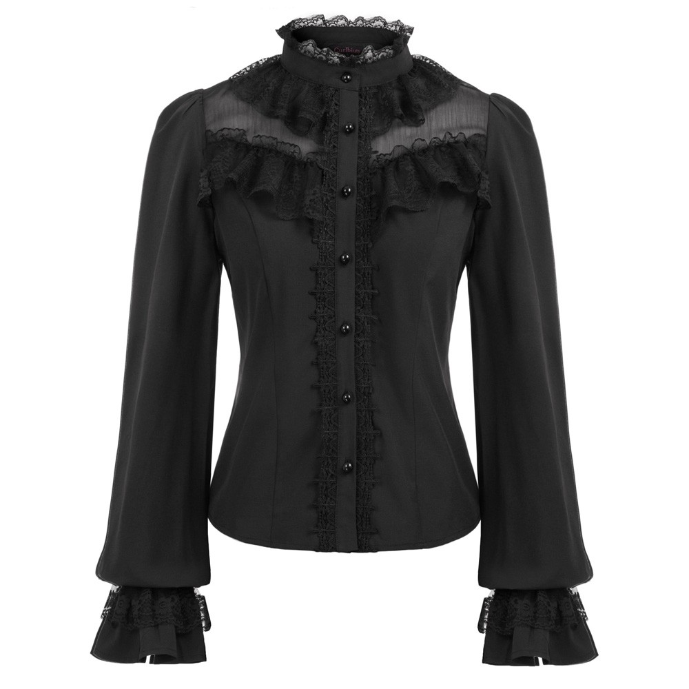 Fashionable Flared Sleeve Lace Stand Collar Vintage Women's Shirt Tops - Picture 13 of 24