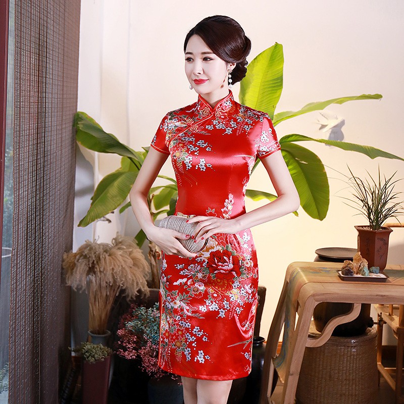Soirée Robe chinoise Qipao Femmes Imprimé floral Manches courtes Coupe mince