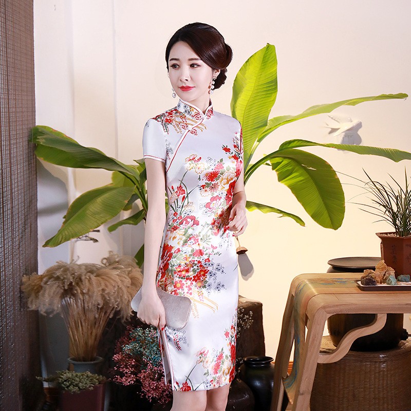 Soirée Robe chinoise Qipao Mariage Imprimé floral Col montant Coupe mince