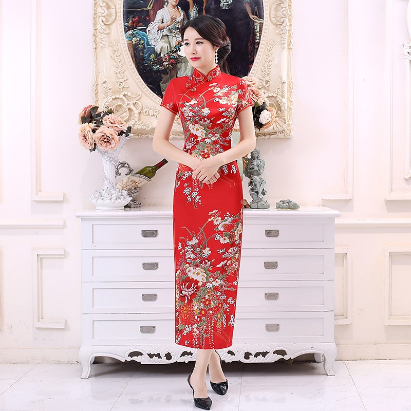 Vestido de fiesta señora estilo chino tradicional estampado floral Cheongsam