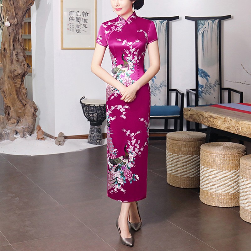 2019 vestido Qipao manga corta satina de seda bordado estampado tradicional grúa