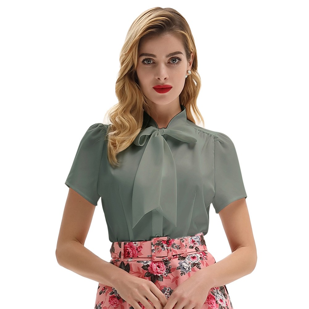 Stylish Solid Color Shirt Tops with BowKNot Adorned Short Sleeves for Women - Picture 15 of 78