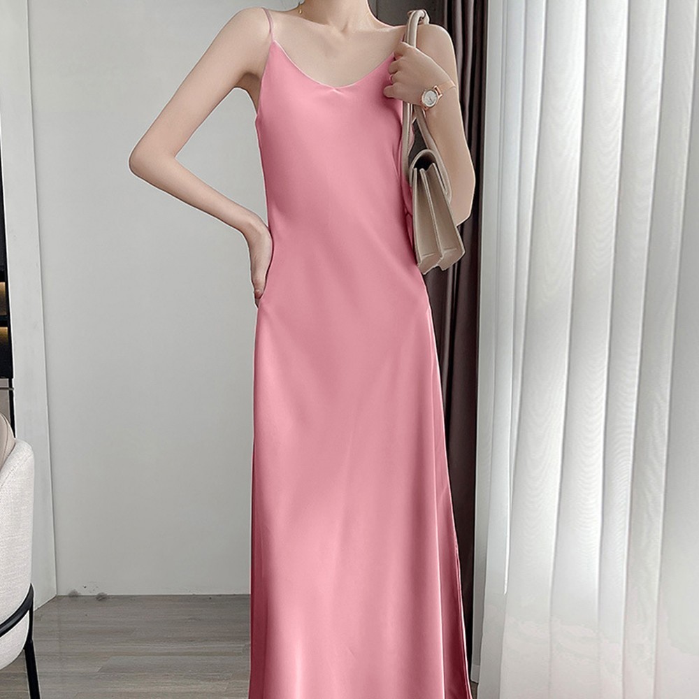 New Practical Dress Nightdress Sleeveless Solid Color V Neck Faux Satin - Picture 15 of 37
