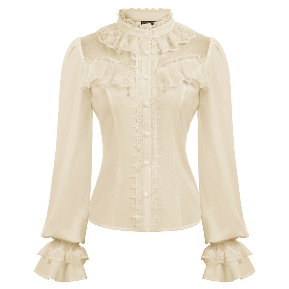 Stylish Vintage Lace Shirt Tops with Stand Collar for Fashionable Women - Picture 13 of 52