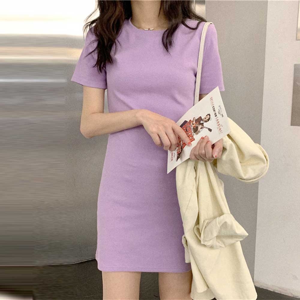 Elegant Women's Summer Dress MidLong Short Sleeve T shirt Dress in Candy Color - Picture 19 of 25