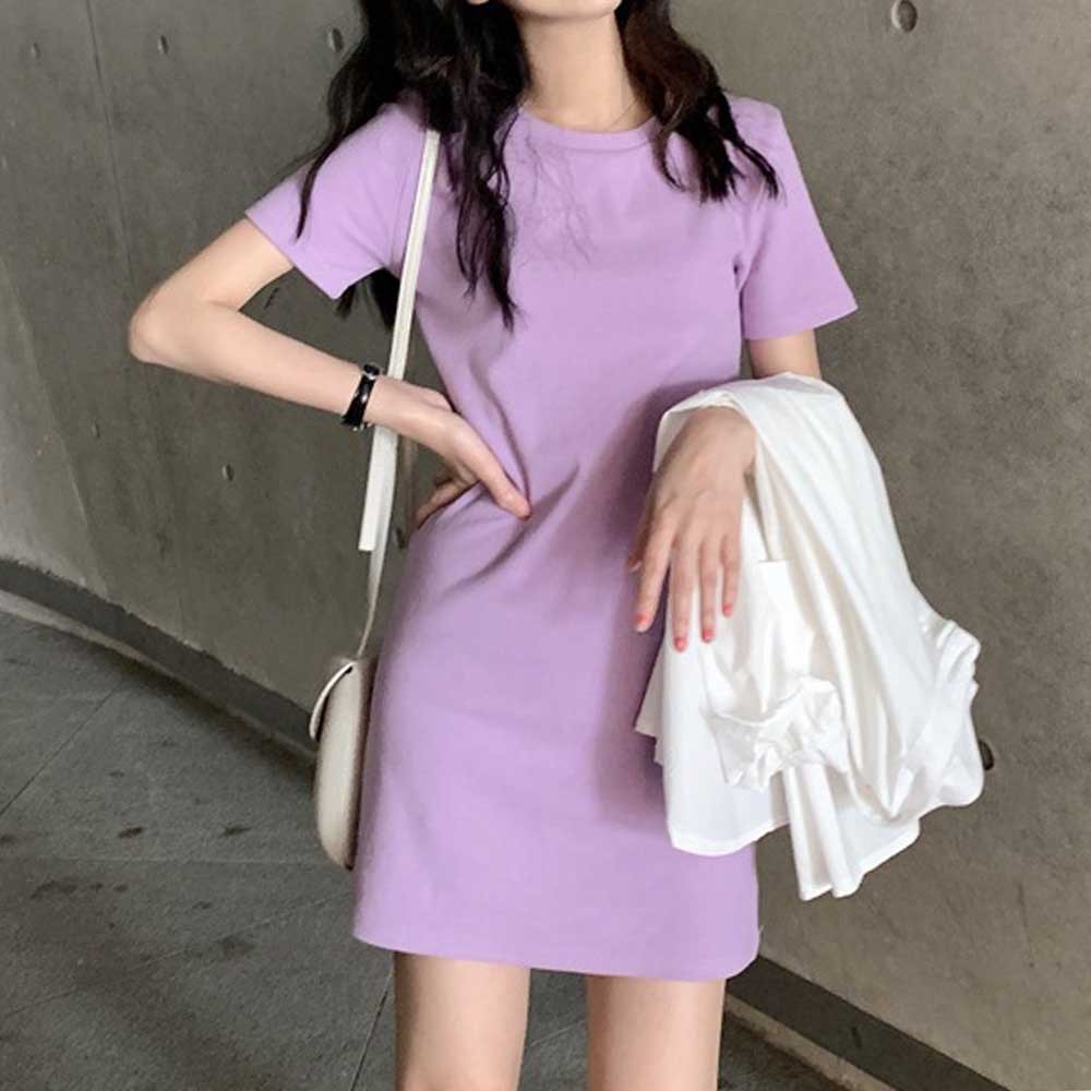 Elegant Women's Summer Dress MidLong Short Sleeve T shirt Dress in Candy Color - Picture 20 of 25