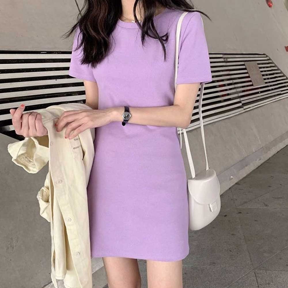 Elegant Women's Summer Dress MidLong Short Sleeve T shirt Dress in Candy Color - Picture 17 of 25