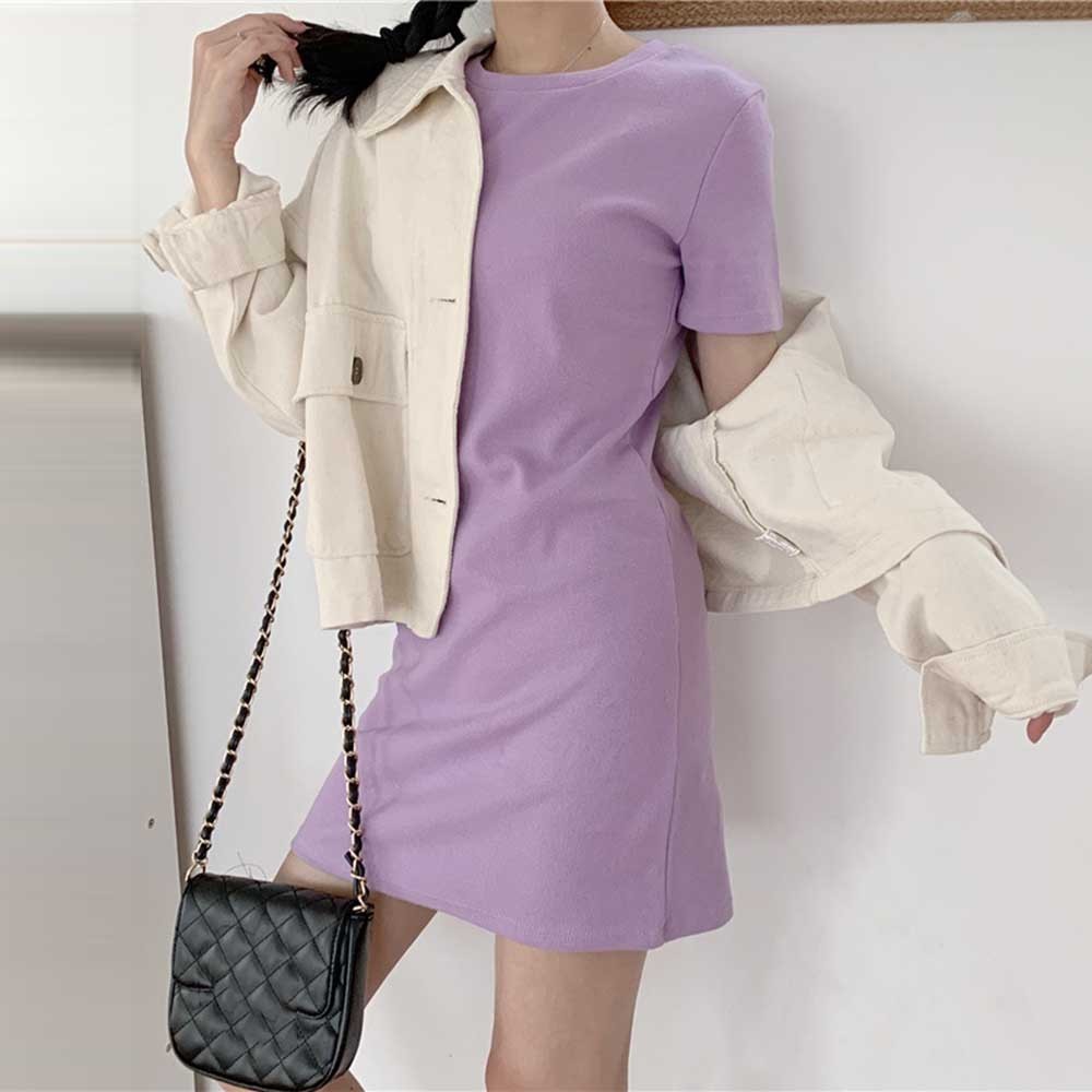 Elegant Women's Summer Dress MidLong Short Sleeve T shirt Dress in Candy Color - Picture 18 of 25