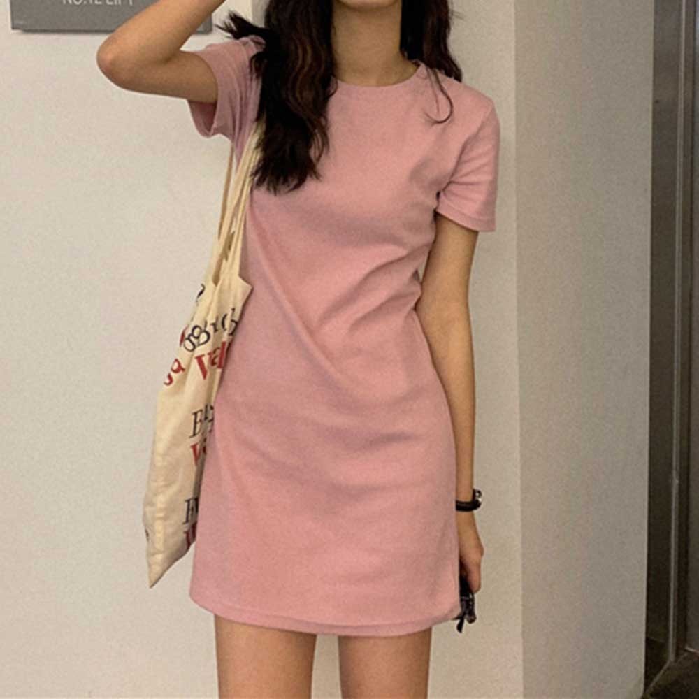 Elegant Women's Summer Dress MidLong Short Sleeve T shirt Dress in Candy Color - Picture 11 of 25