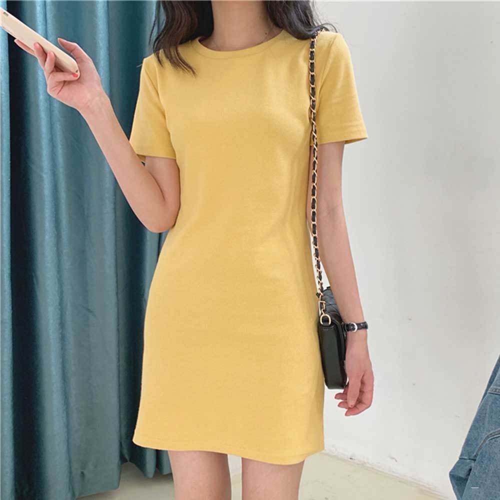 Elegant Women's Summer Dress MidLong Short Sleeve T shirt Dress in Candy Color - Picture 13 of 25