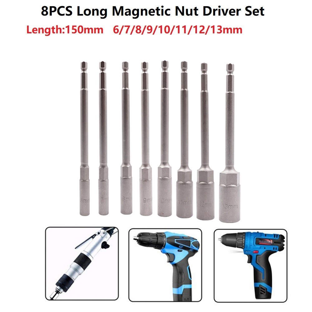 8-teiliges Sechskant-Steckschlüssel-Set – Magnetisch, Für Bohrmaschinen, Größen 6–13 Mm