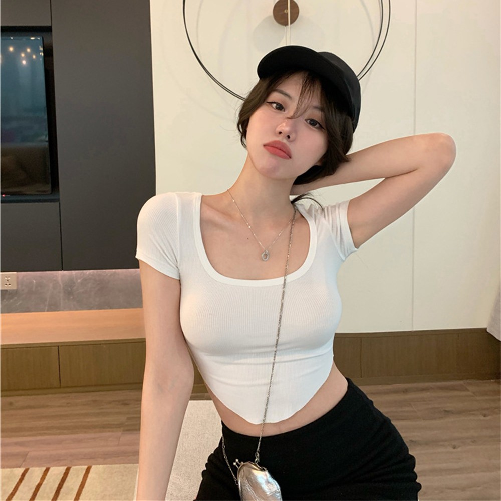 Women Short Sleeve T-shirt Solid Color Basic Tee Crop Top Korean Fashion New