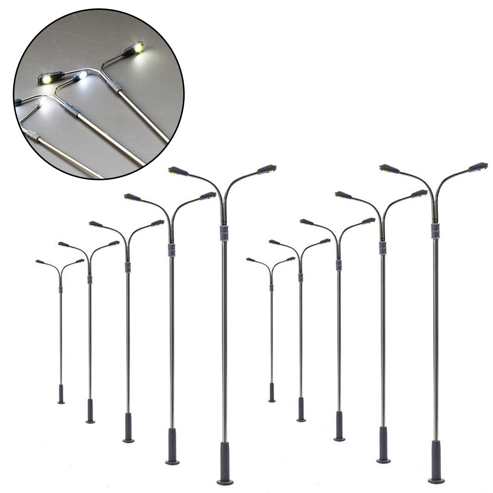 Lot De 10 Lampadaires Miniatures échelle HO 1:75 - 14 Cm, Double Tête LED Blanche - Pour Modélisme Ferroviaire, Décors