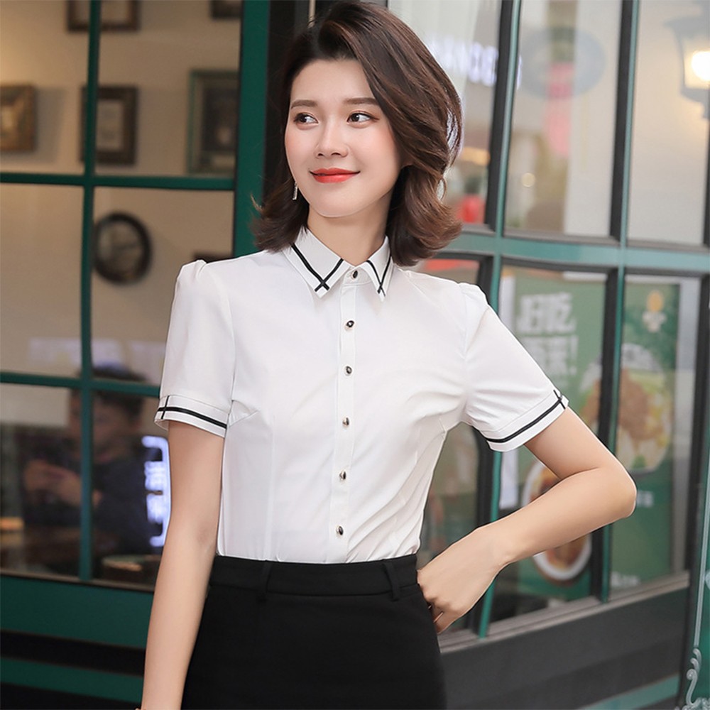 Camicetta donna casual slim fit camicia a righe manica corta colletto top abbigl - Picture 15 of 26