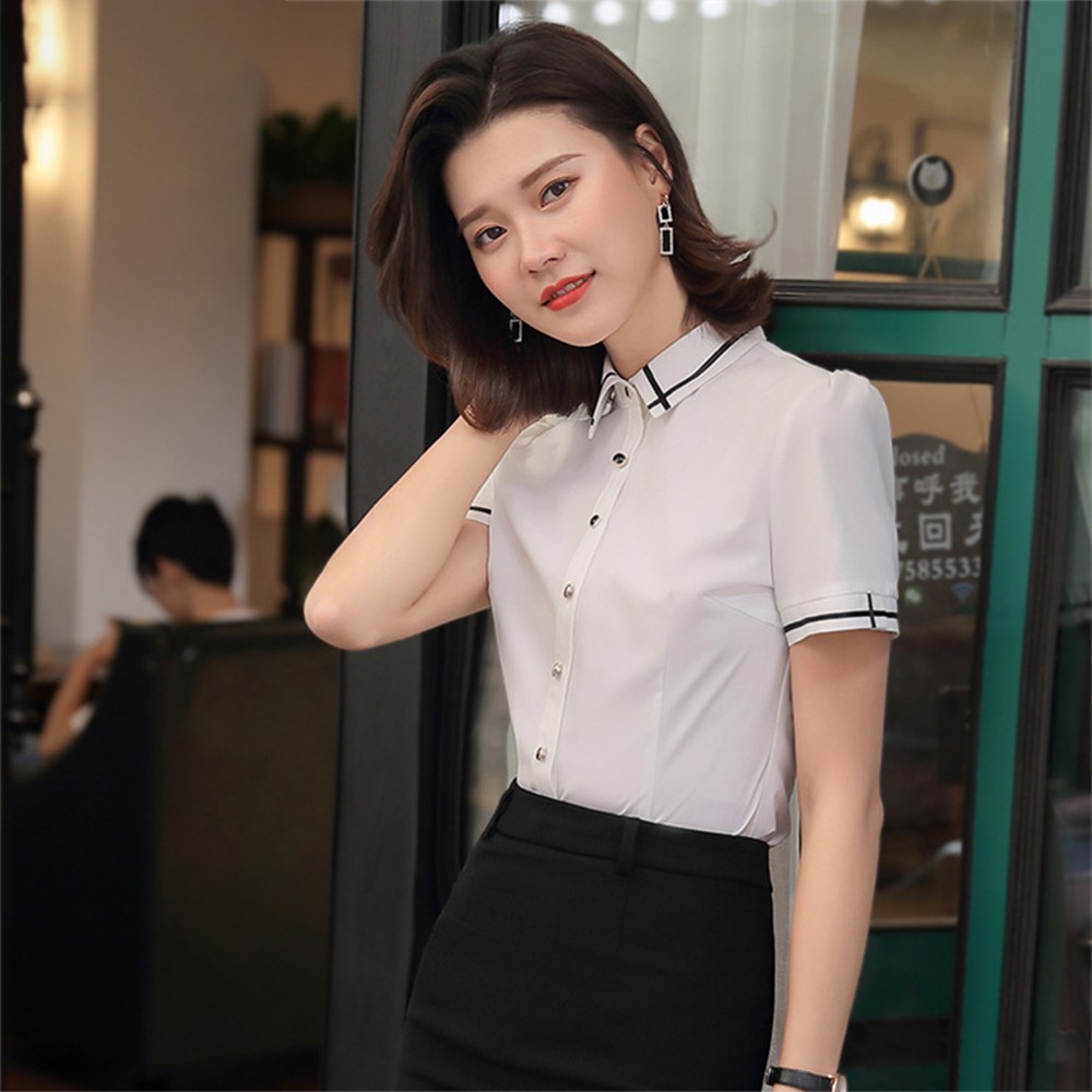 Camicetta donna casual slim fit camicia a righe manica corta colletto top abbigl - Picture 17 of 26