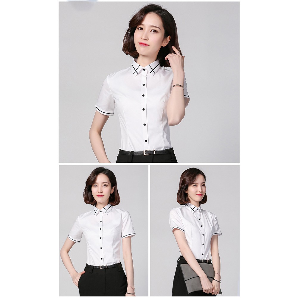 Camicetta donna casual slim fit camicia a righe manica corta colletto top abbigl - Picture 18 of 26