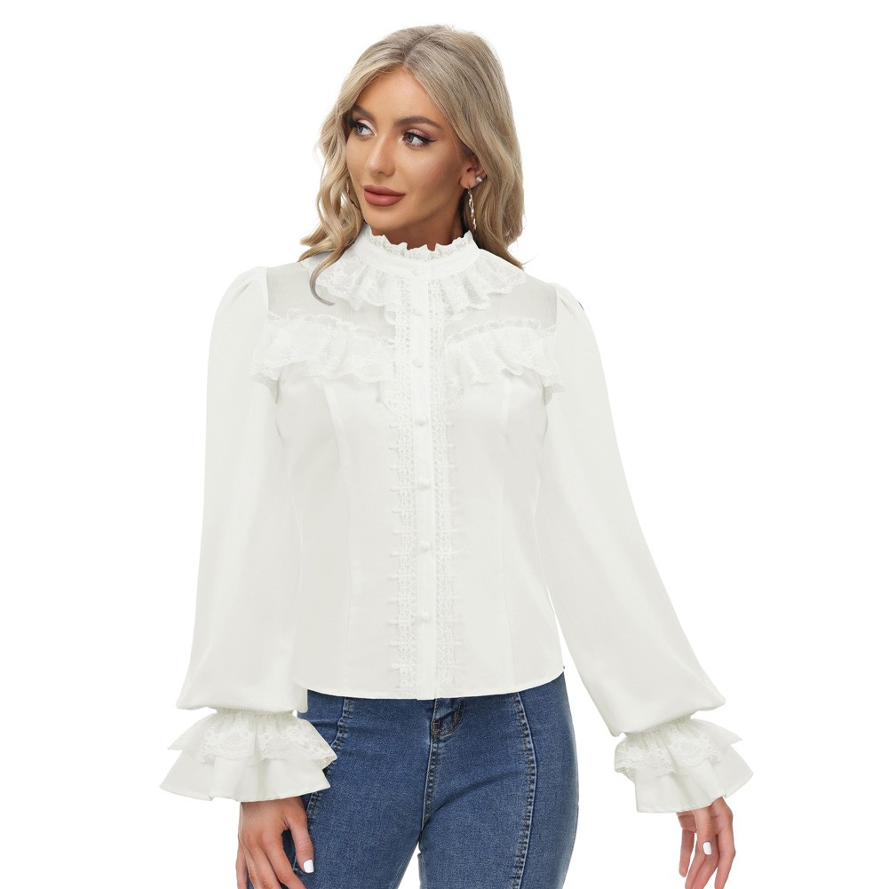 Stylish Vintage Lace Shirt Tops with Stand Collar for Fashionable Women - Picture 24 of 52