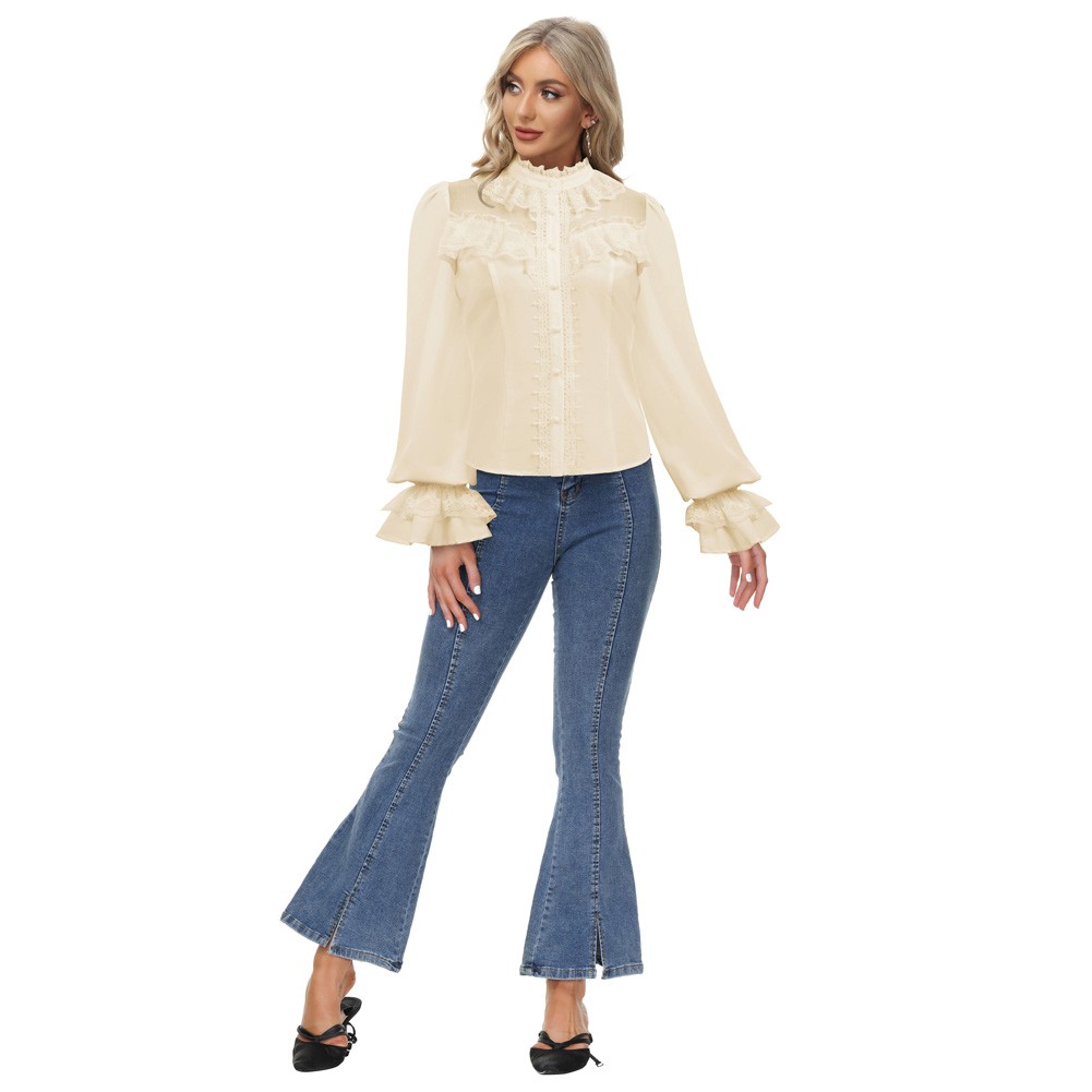 Stylish Vintage Lace Shirt Tops with Stand Collar for Fashionable Women - Picture 15 of 52