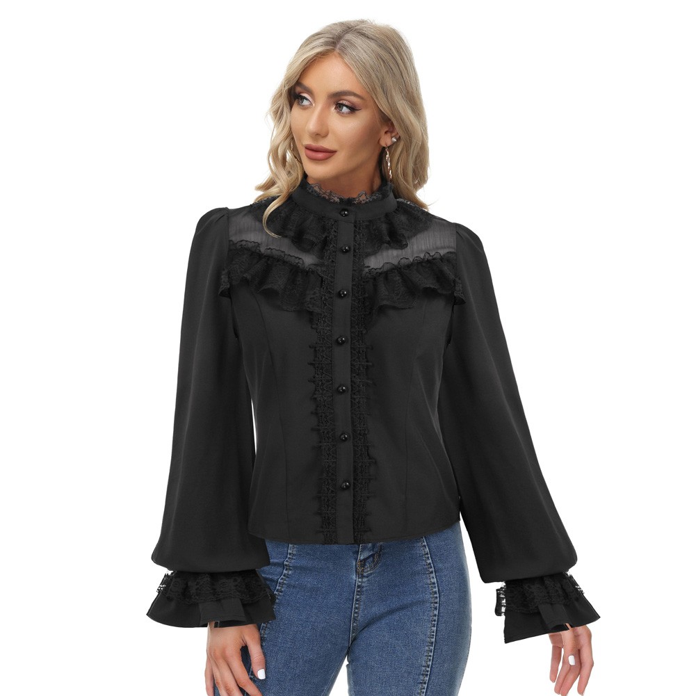 Fashionable Flared Sleeve Lace Stand Collar Vintage Women's Shirt Tops - Picture 14 of 24