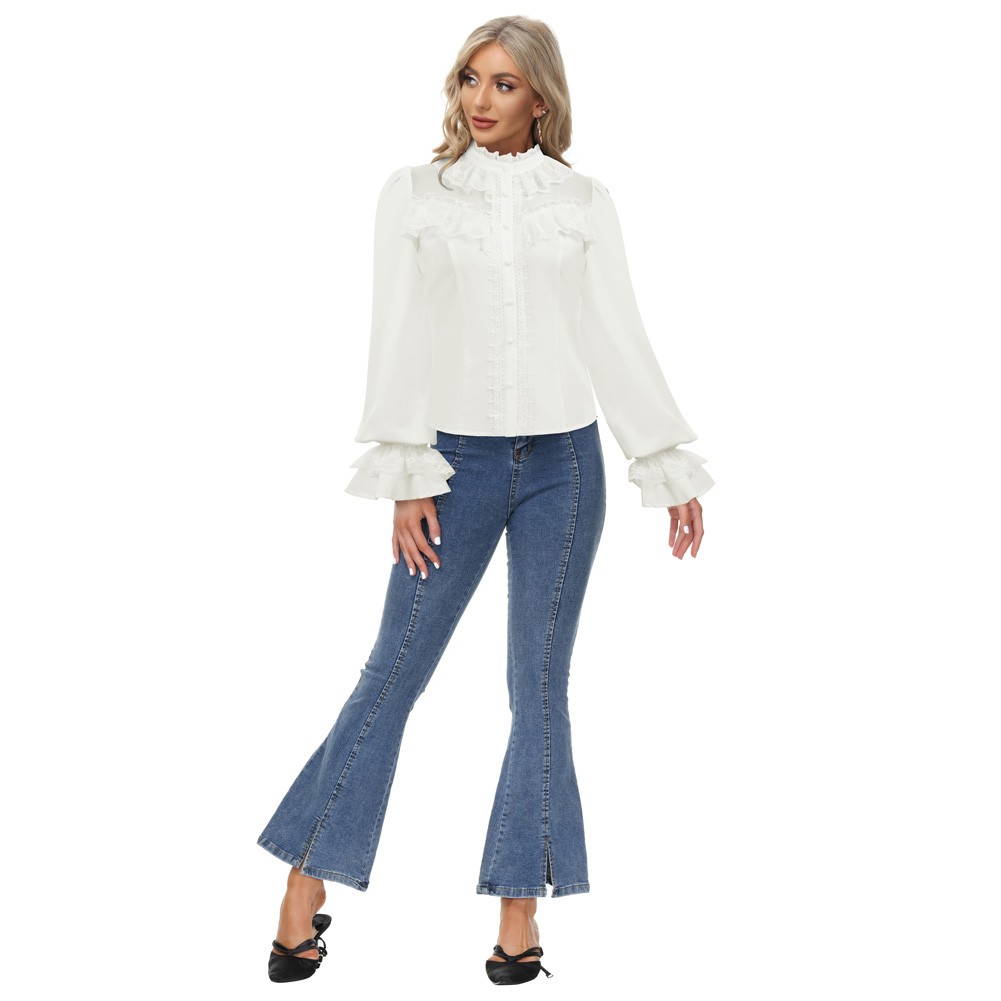 Stylish Vintage Lace Shirt Tops with Stand Collar for Fashionable Women - Picture 25 of 52