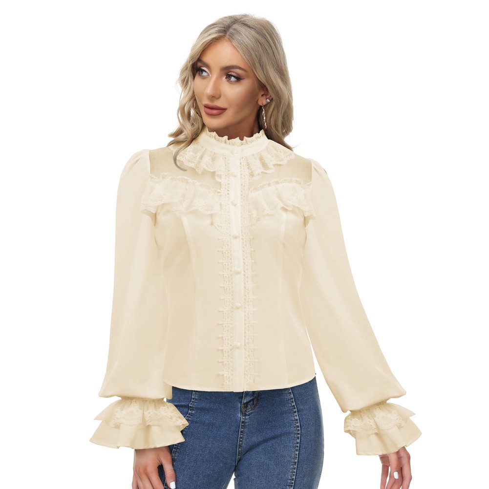Stylish Vintage Lace Shirt Tops with Stand Collar for Fashionable Women - Picture 14 of 52