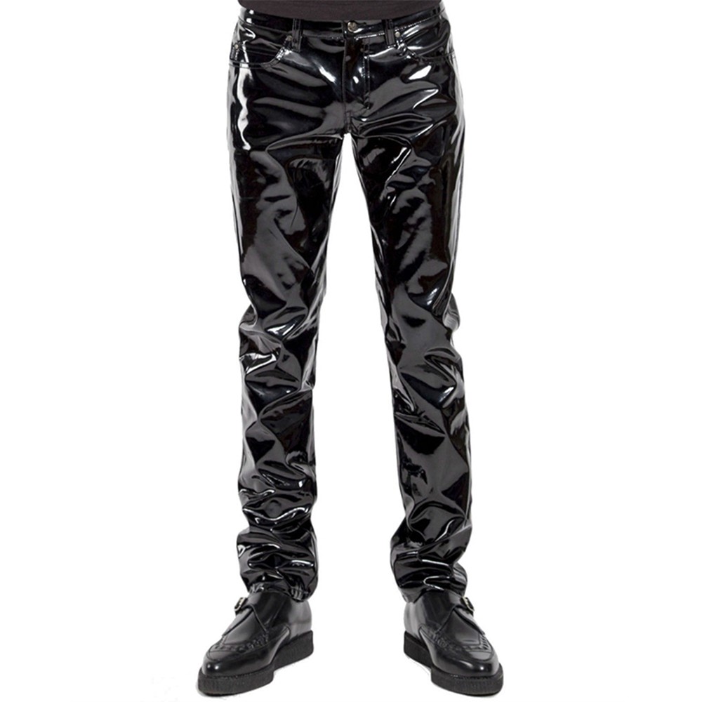 Suitop casual women's female's rubber latex tight cropped trousers in black  color