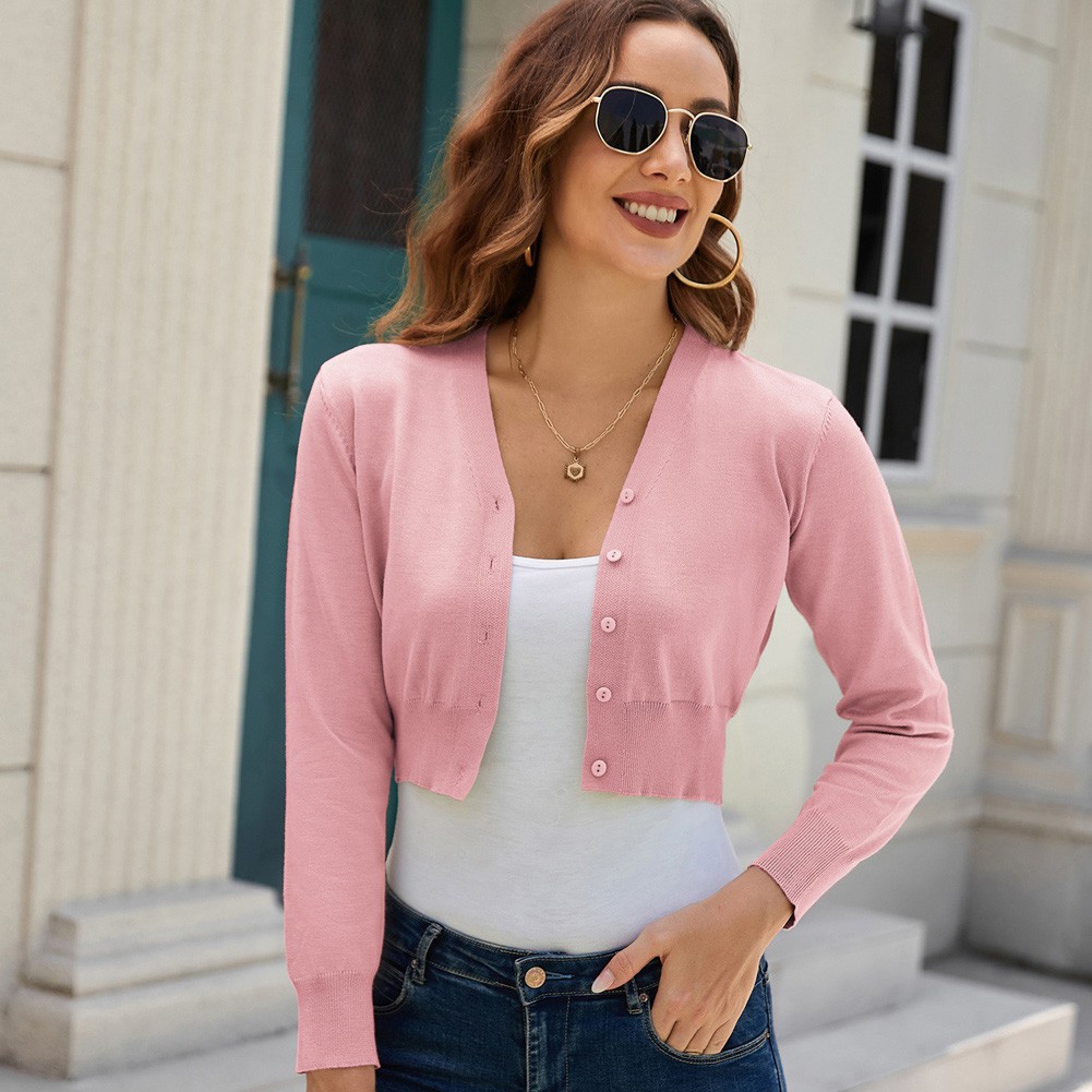 Fashion forward Knitting Coat Cardigan Women's VNeck Crop Cotton Knitwear - Picture 192 of 236